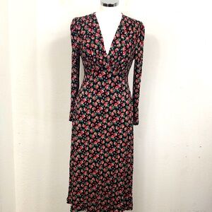 Boden 6 Black Floral Jersey Midi Dress Stretchy Feminine Puff Sleeve